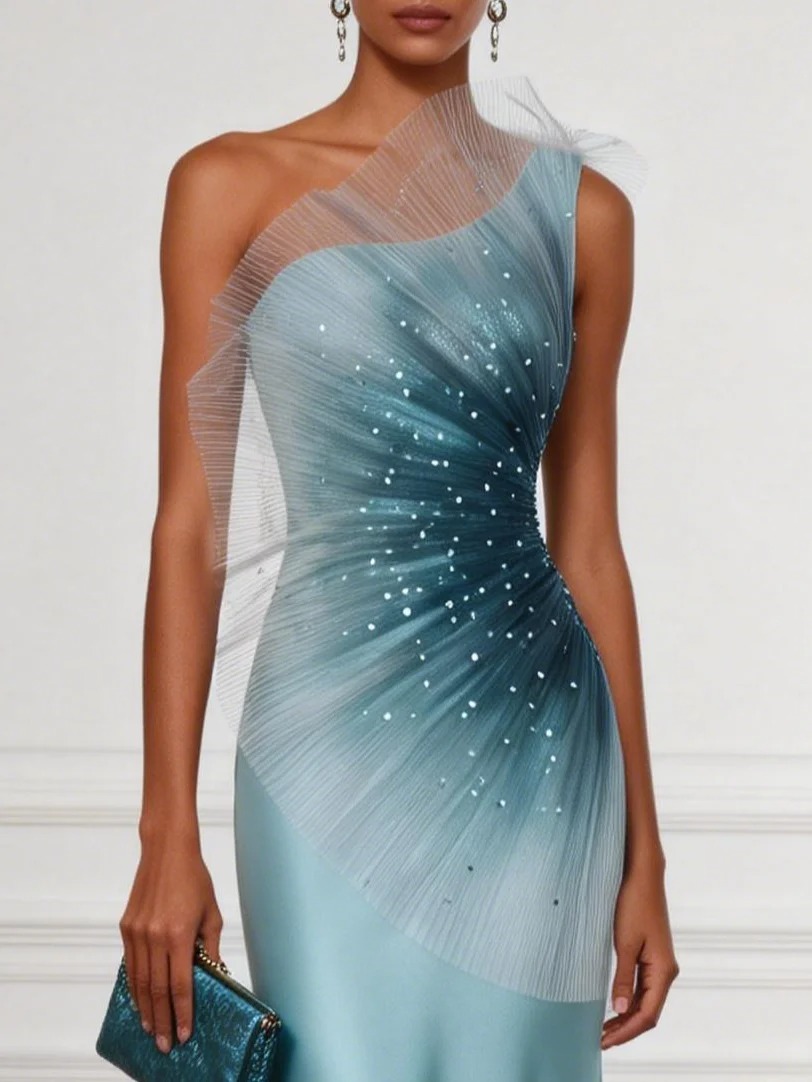 Glitter Pleated Satin One Shoulder Sleeveless Mermaid Gown Dress