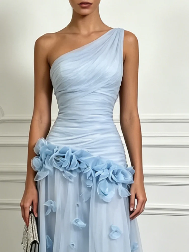 Light Blue 3D Floral Classic One Shoulder Sleeveless A-Line Floor-length Gown Dress