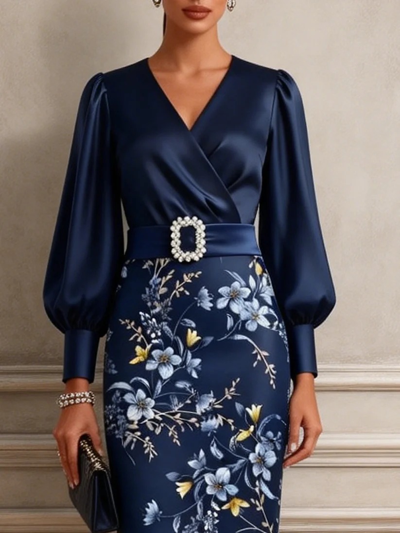 Purplish Blue Floral Satin Cross Neck Long Sleeve Balloon Sleeve Sheath Midi Dress