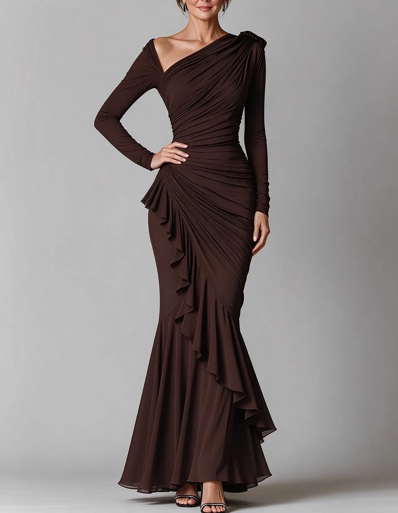 Asymmetric Long Sleeve Ruched Maxi Dress