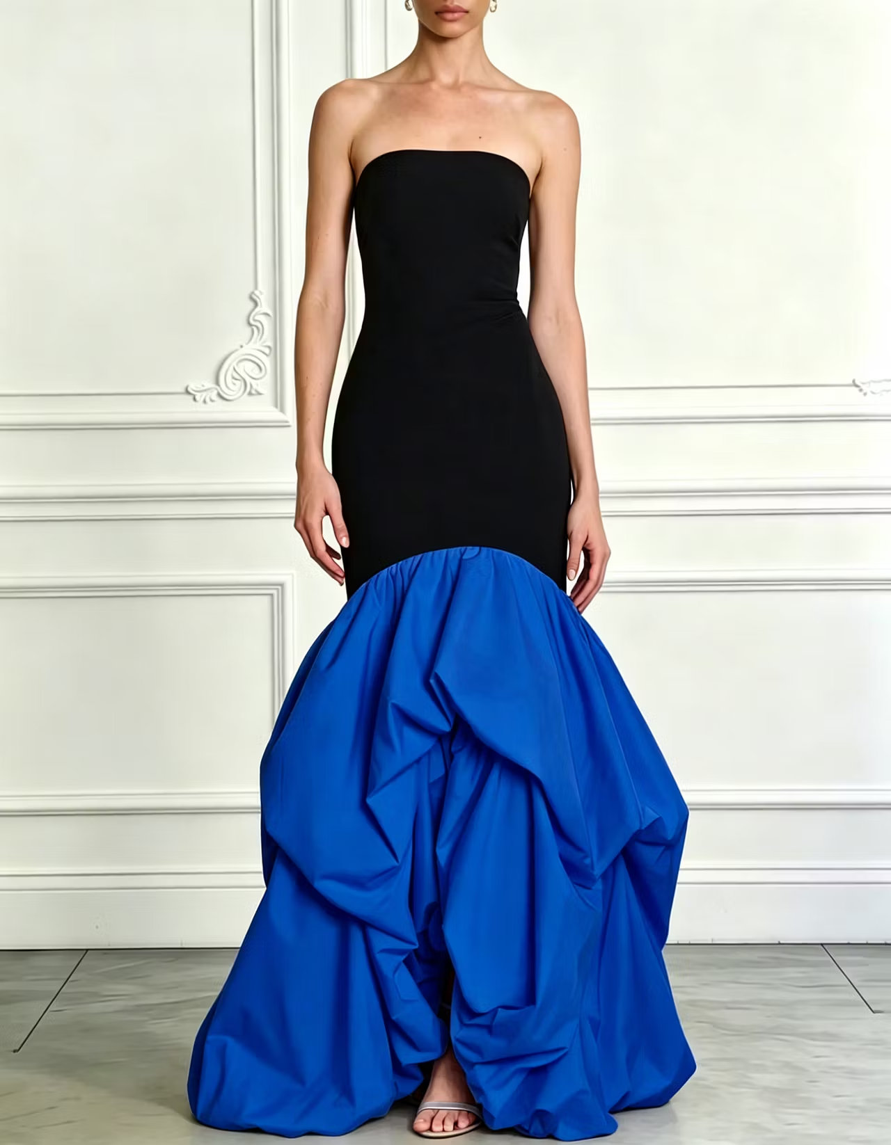 Strapless Two-Tone Stretch Blend Ruffle Mermaid Maxi Formal Dress