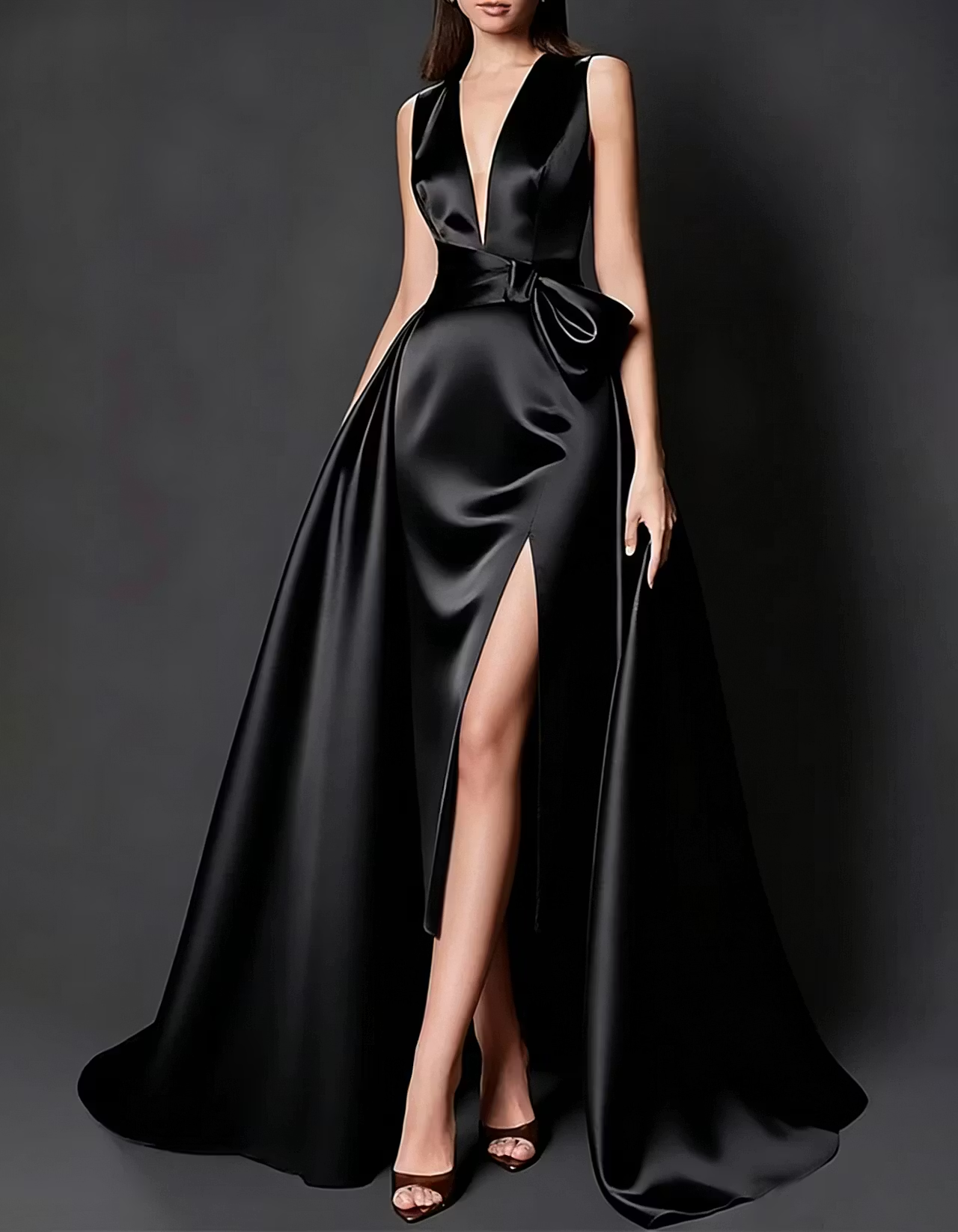 Satin V-neck Fitted Waist Maxi Dress
