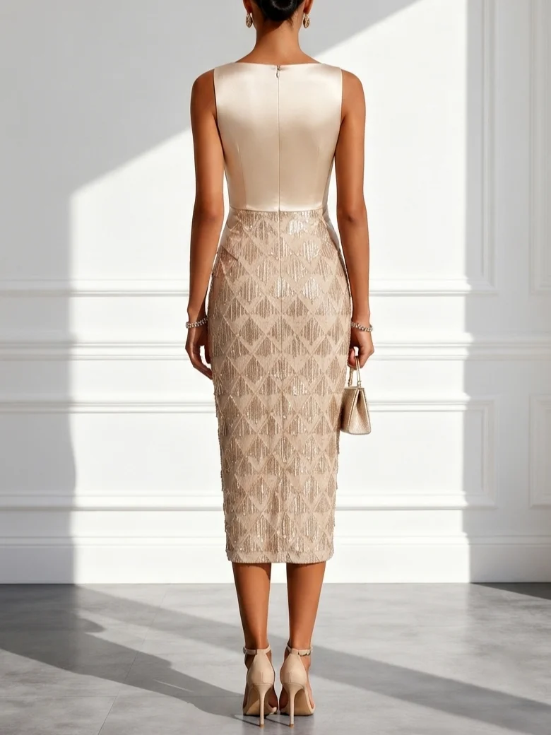 Champagne Tassel Sequin Boat Neck Sleeveless Sheath Midi Dress