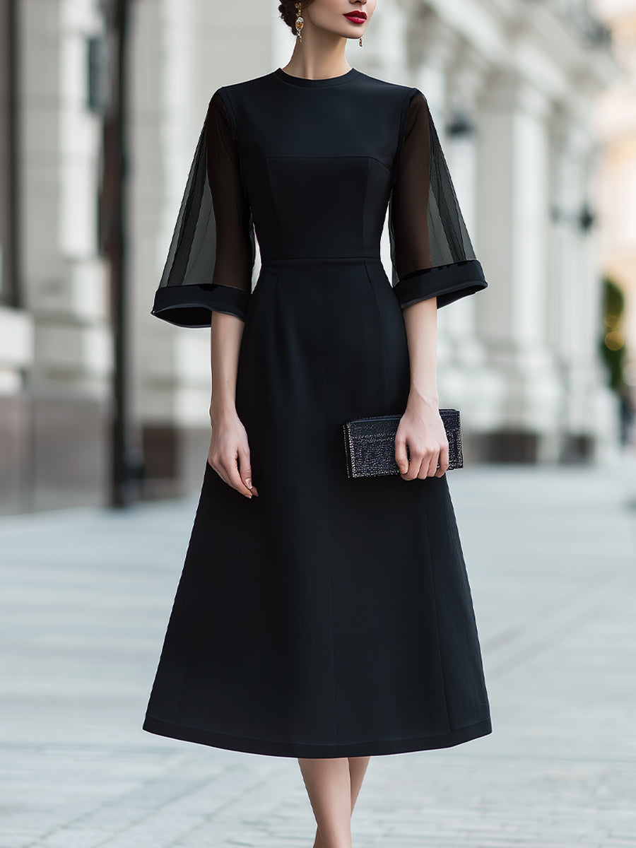 Black Sheer Sleeve Midi Dress With Structured Waist