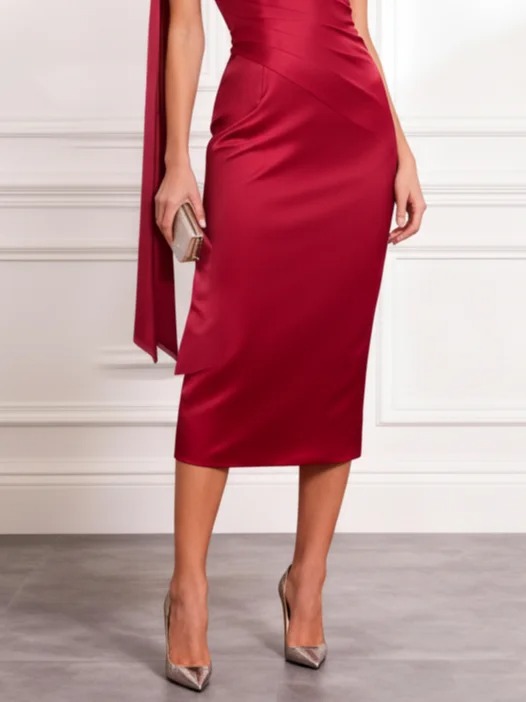 Wine Red 3D Floral Ruched Satin Asymmetrical Sleeveless Sheath Midi Dress