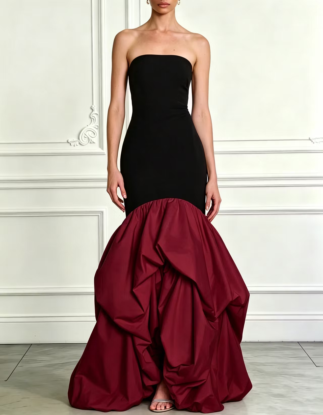 Strapless Two-Tone Stretch Blend Ruffle Mermaid Maxi Formal Dress