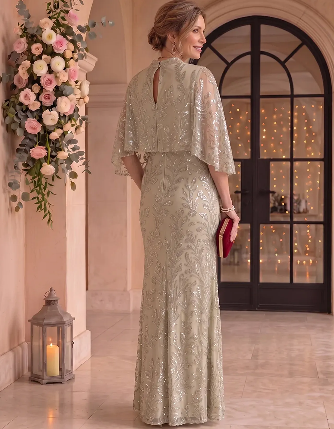Champagne Sequin Tulle Stand Collar V-Neck Cape Sleeve Maxi Dress