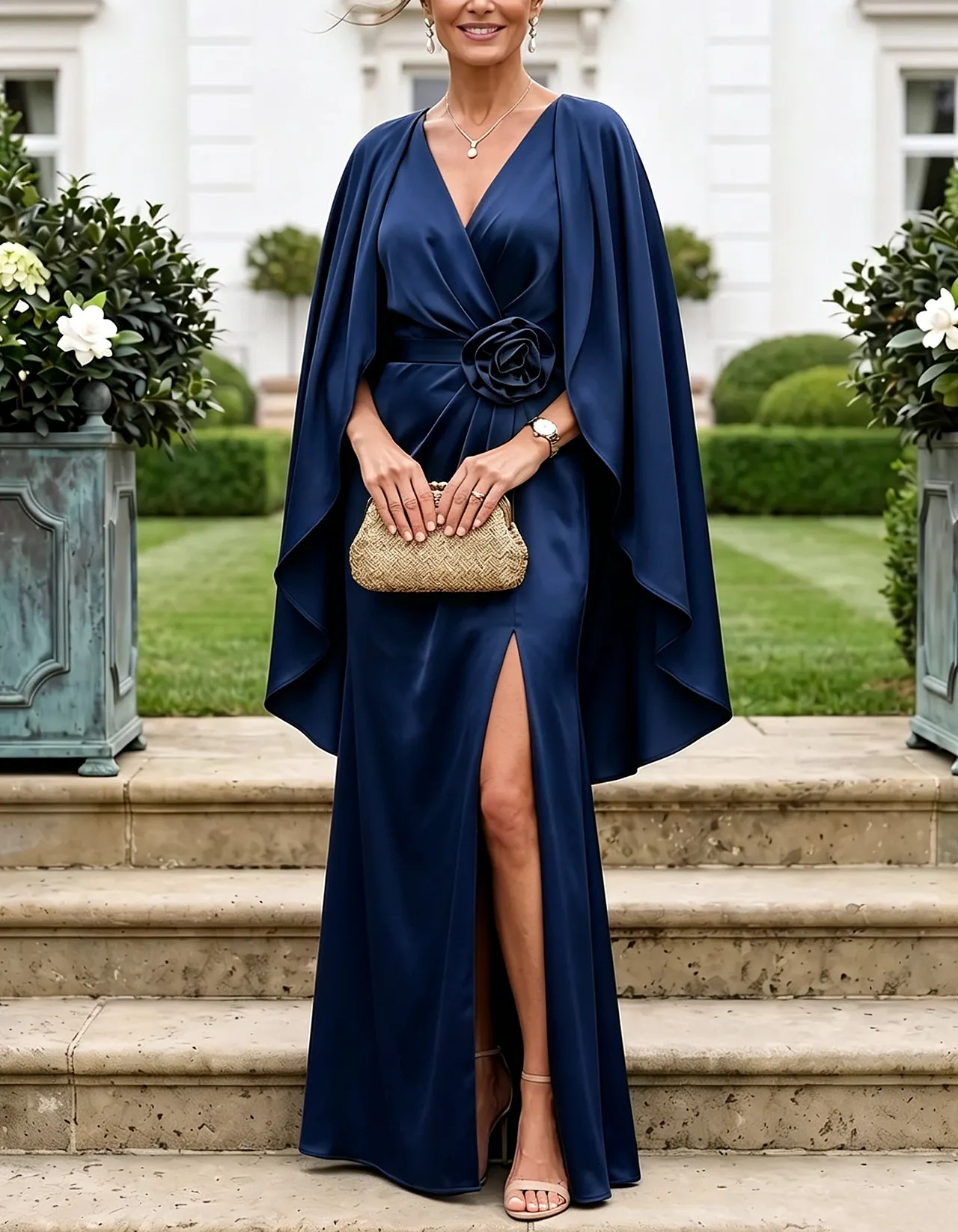 Olive Green V-Neck Cape Sleeve Satin Slit Maxi Dress