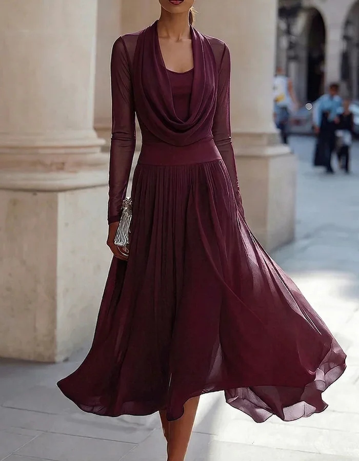Draped-neck Chiffon Midi Dress