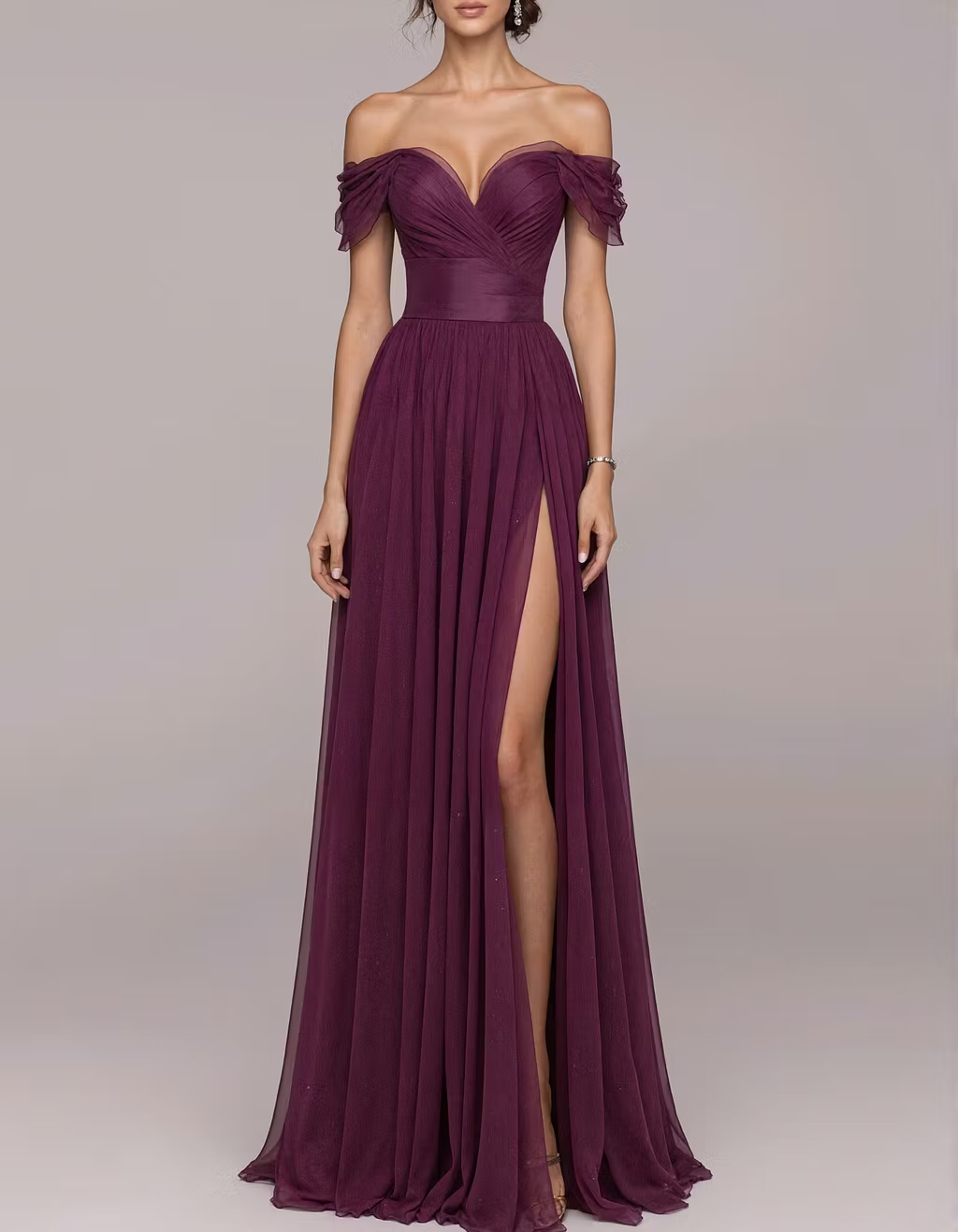 Plum Colored Off Shoulder Sweetheart Neck Chiffon Maxi Dress
