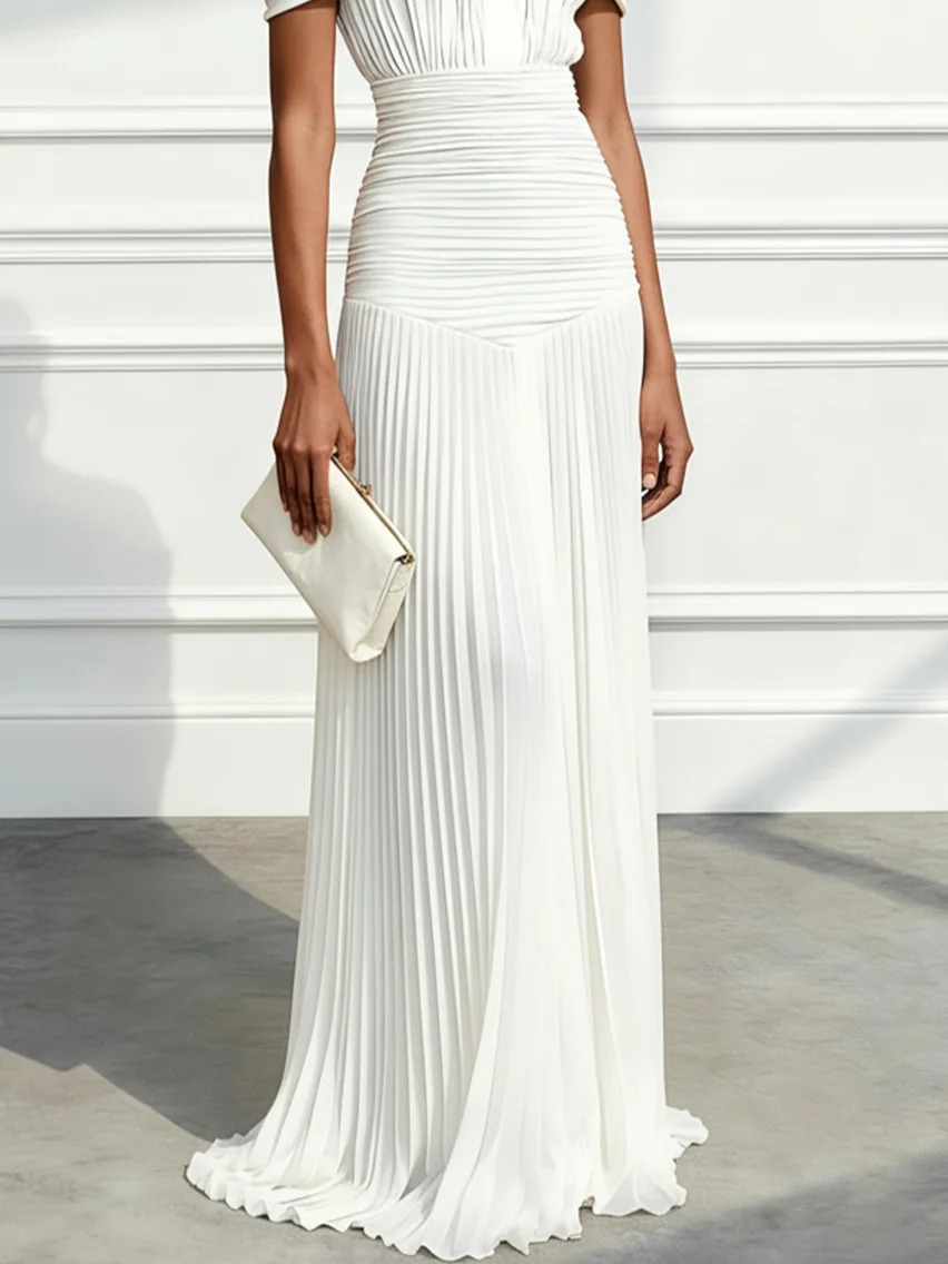 White Pleated Buckle Chiffon Off The Shoulder Sleeveless Sheath Gown Dress