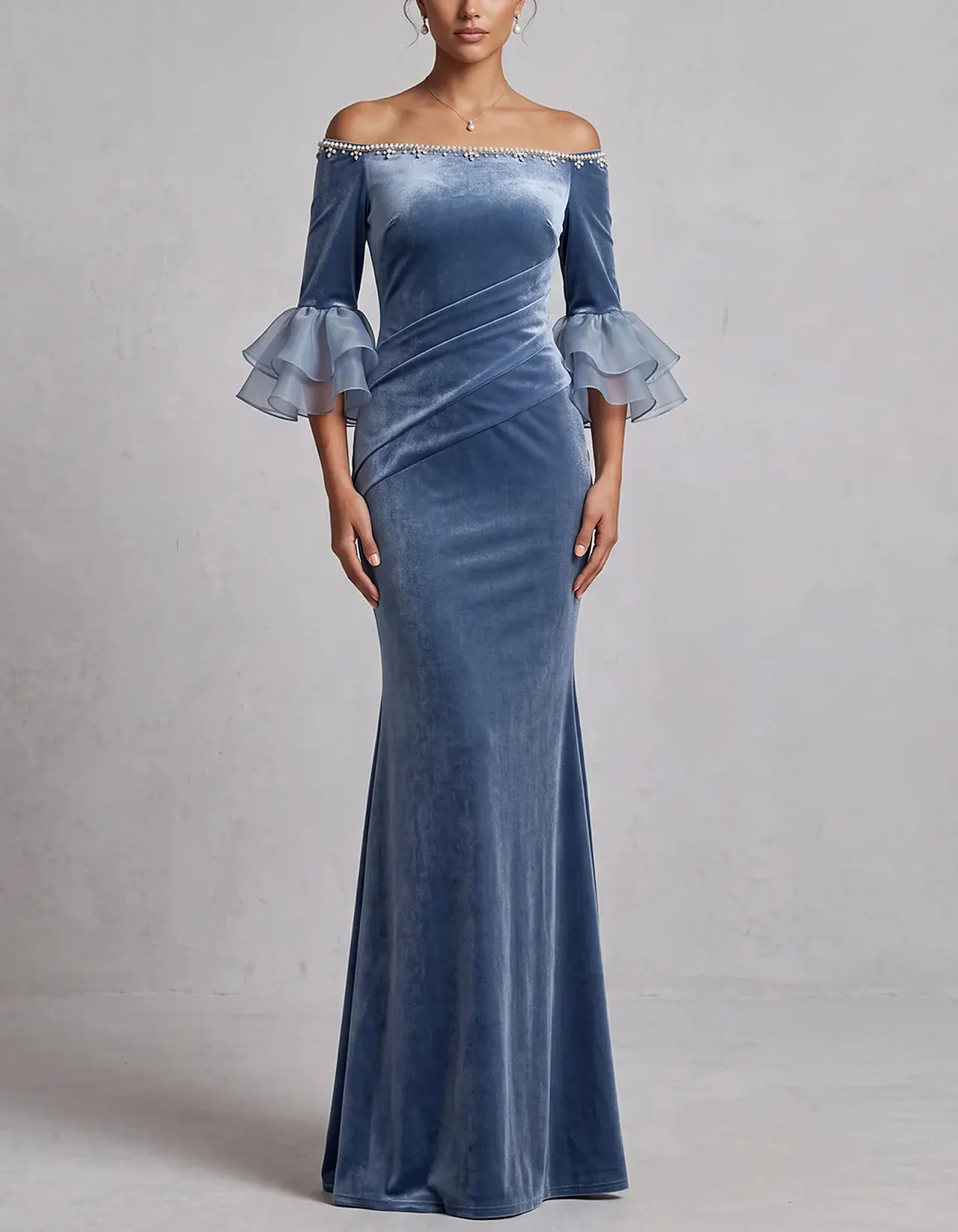 Dusty Blue Off The Shoulder Velvet Maxi Dress