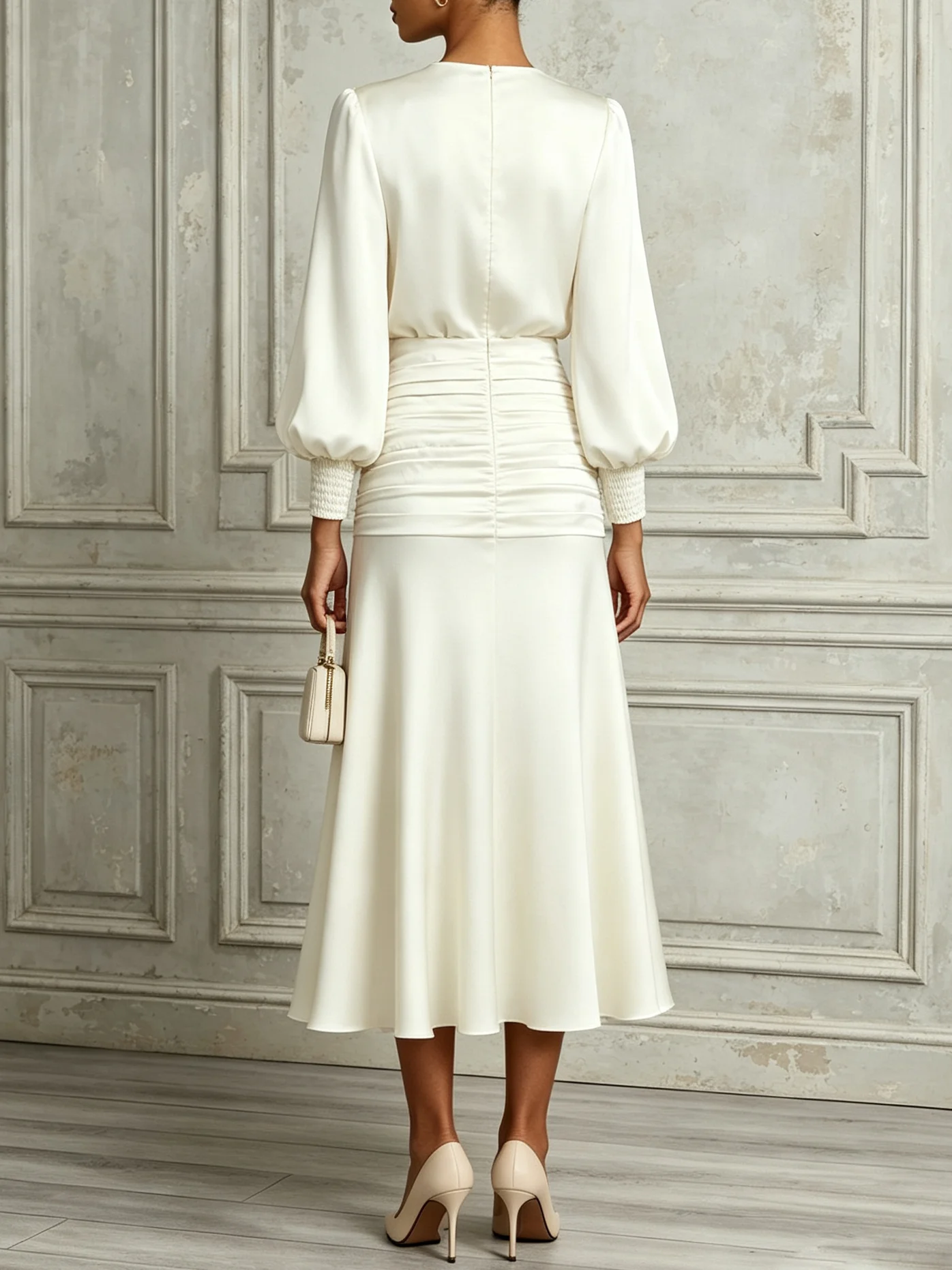 White Ruched Classic Crew Neck Long Sleeve Balloon Sleeve A-Line Maxi Dress