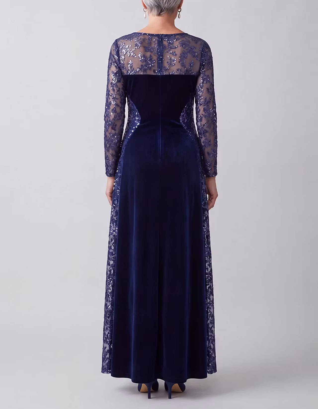 Navy Blue Sequin Floral Lace & Velvet Maxi Dress