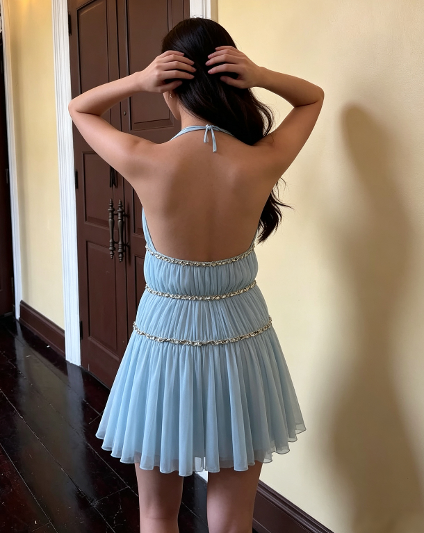 Light‑Blue Halter Deep V Mini Dress Rhinestone Tiered Chiffon Skirt