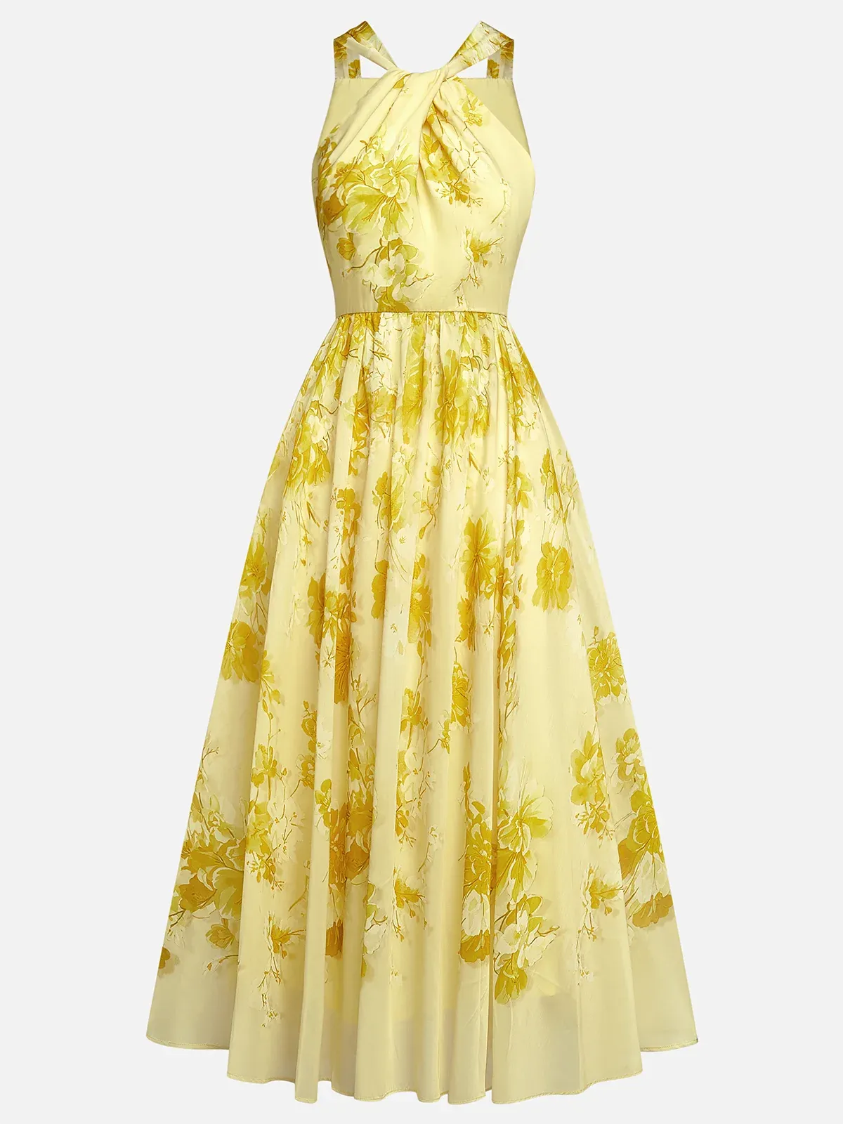 Yellow Floral Chiffon Halter Sleeveless A-Line Midi Dress