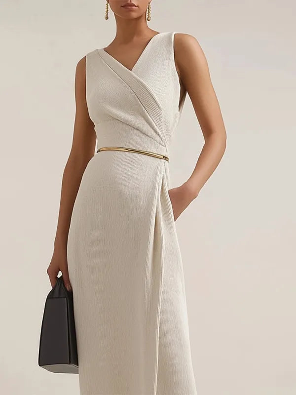 Work Semi-Formal Dress Beige V-Neck Sleeveless Pocketed Maxi Dress