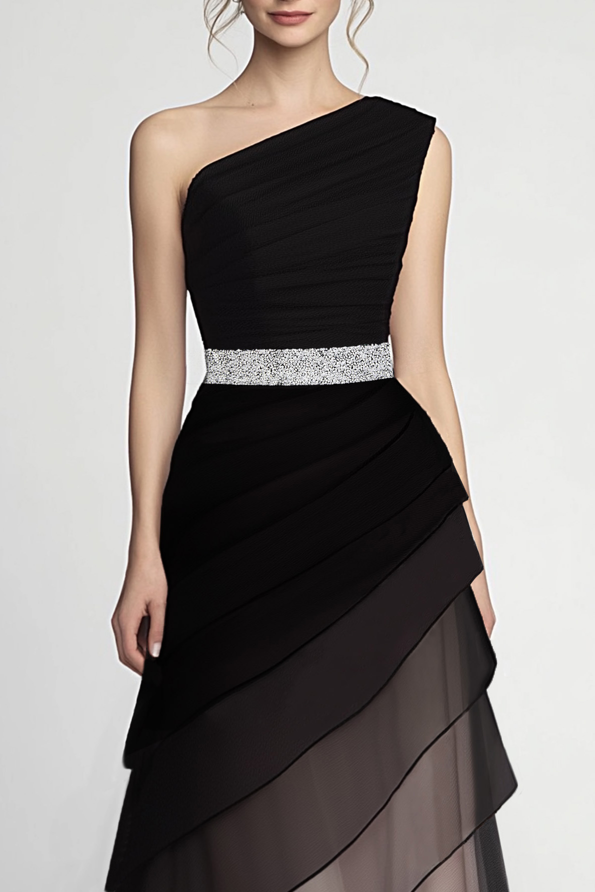 Formal Evening Dress Black One-Shoulder Multi-Layered Silver Belt Maxi Gown