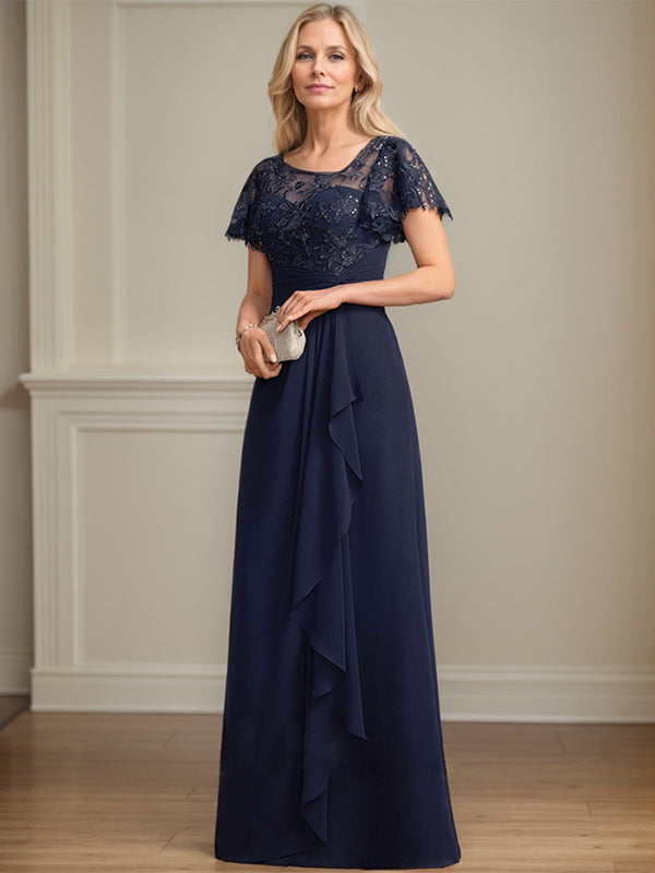 A-line Asymmetrical Illusion Floor-Length Lace Chiffon Mother of the Bride Dress With Cascading Ruffles Sequins