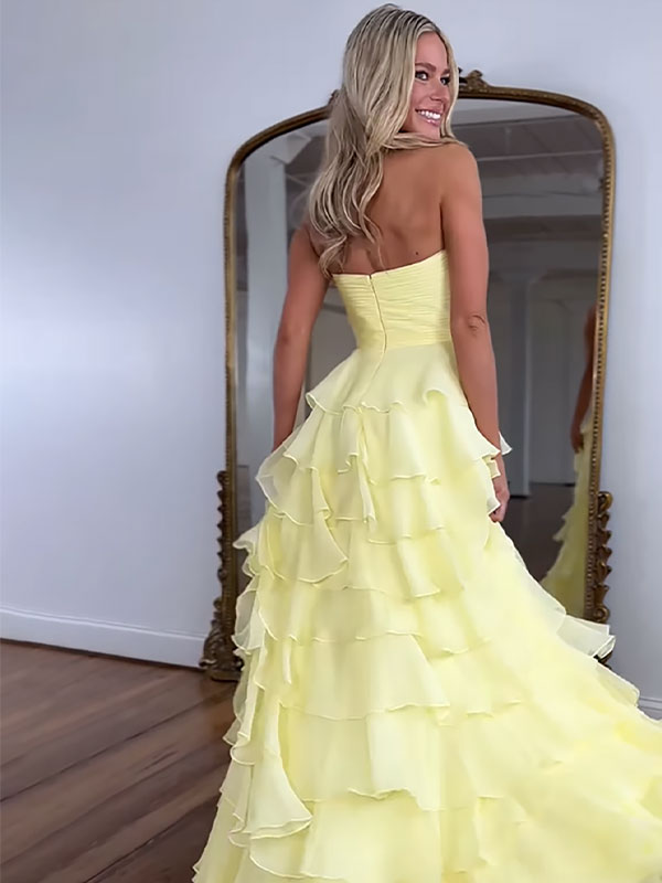 A-Line Sweetheart Chiffon Tiered Long Prom Dress with Slit