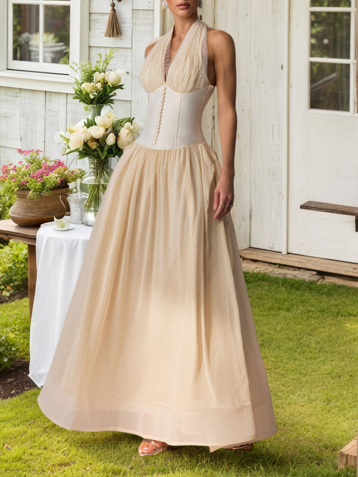White Halterneck Tulle Overlay Maxi Dress