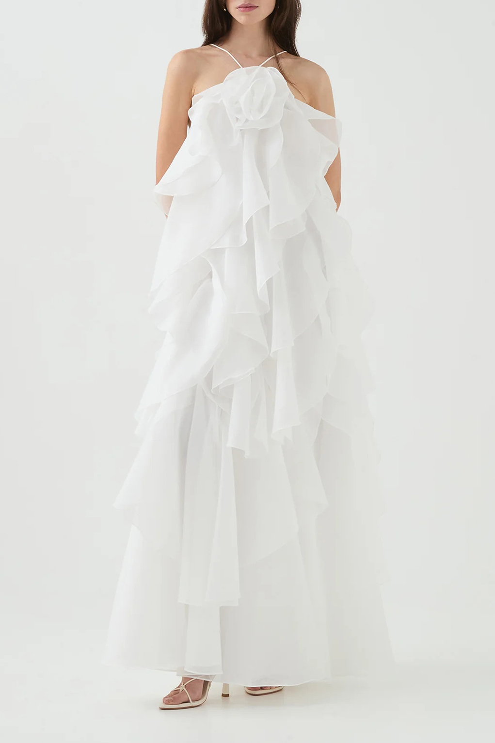 3D Flower Halter Neck Frill Maxi Dress