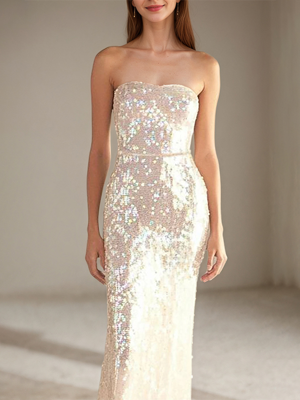 Formal Sequin Strapless Dress Light Pink Form-Fitting Floor-Length Gown