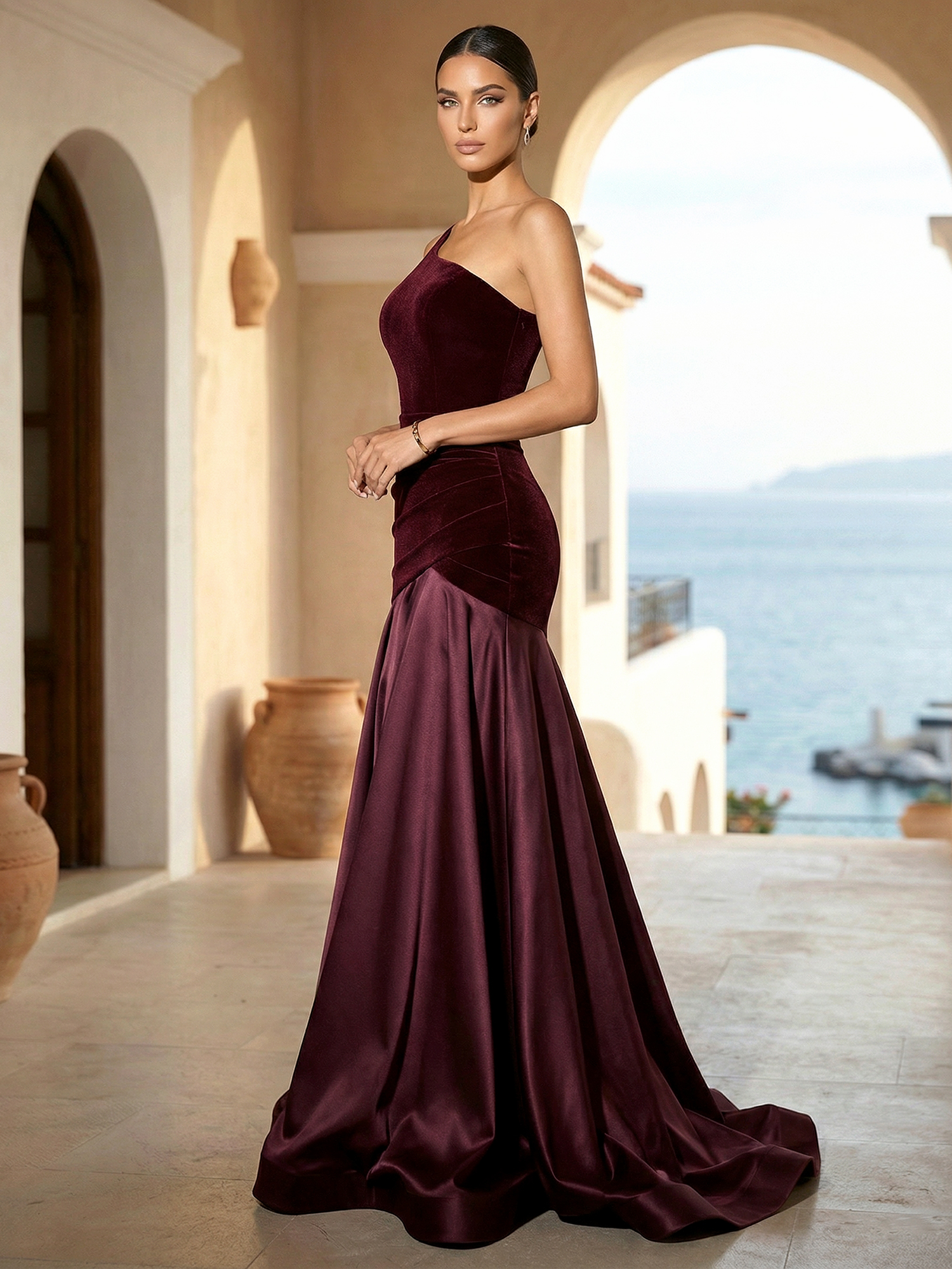 Burgundy Ruched Split Joint Velvet One Shoulder Sleeveless A-Line Gown Dress