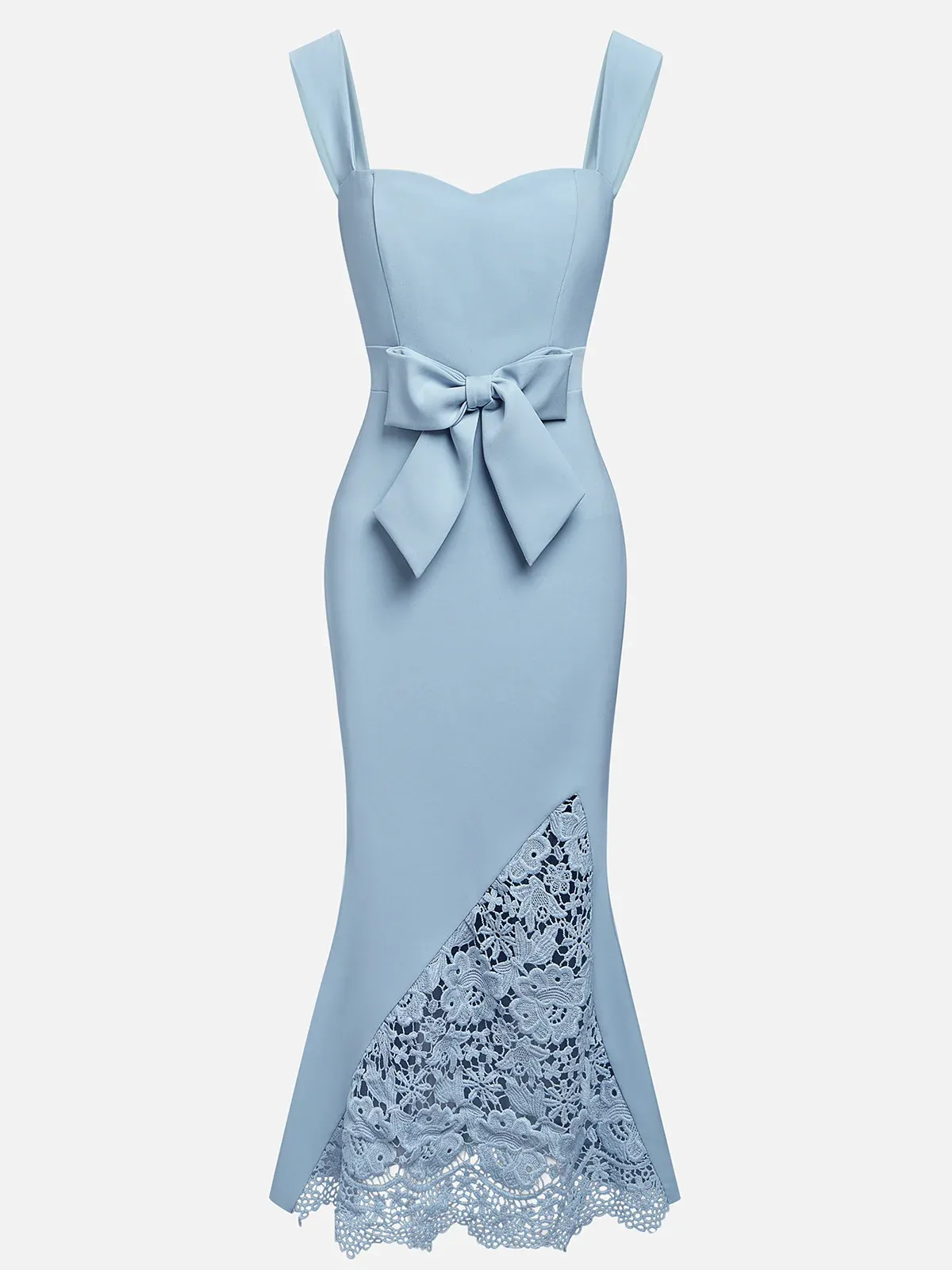 Light Blue Bow Lace Sweetheart Neckline Mermaid Maxi Dress
