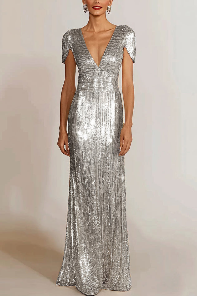 Holiday Party Gold V-Neck Sequins Maxi Dress