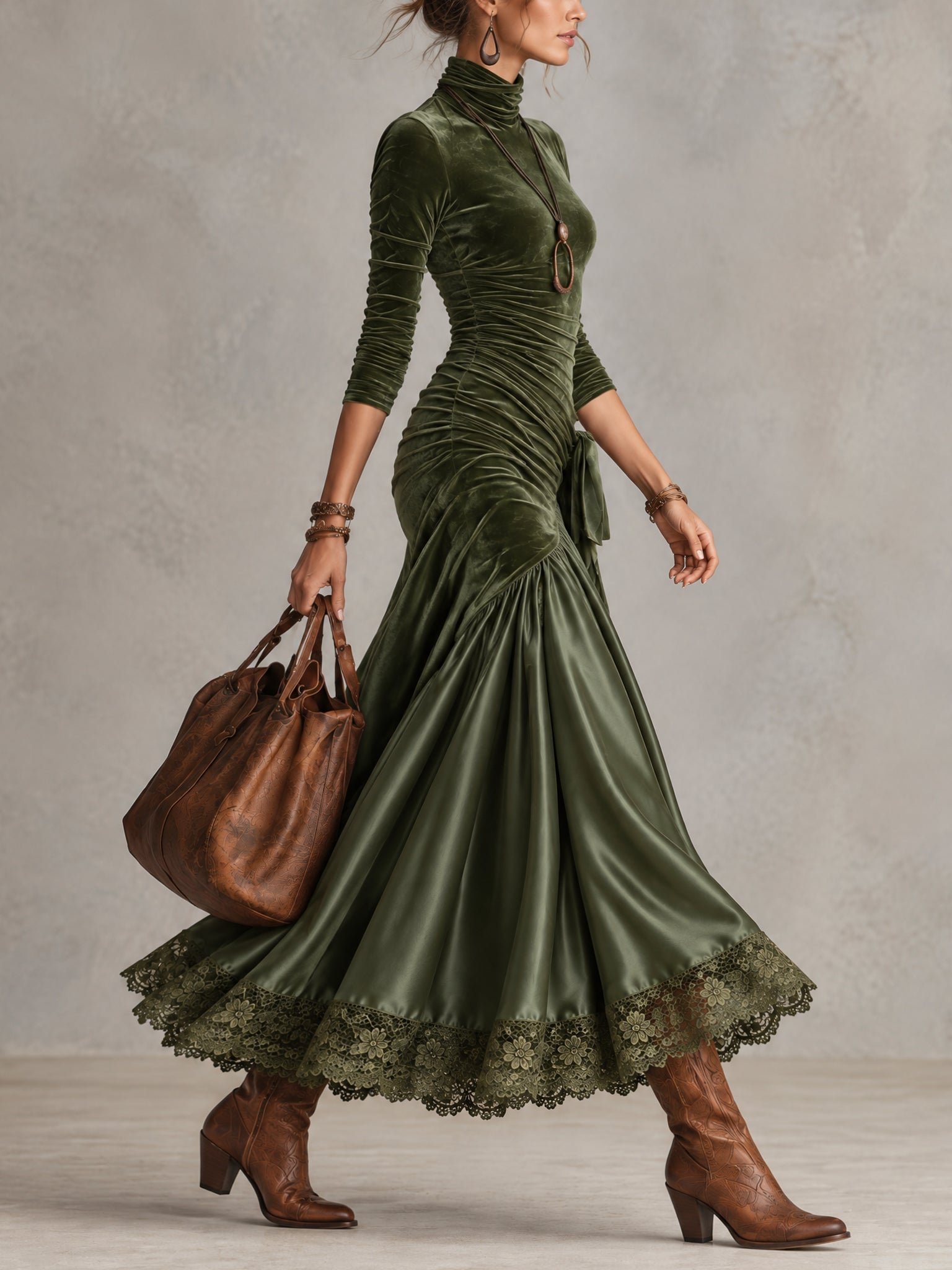 Olive Green Stretch Velvet Satin Panelled Lace Hem Maxi Dress