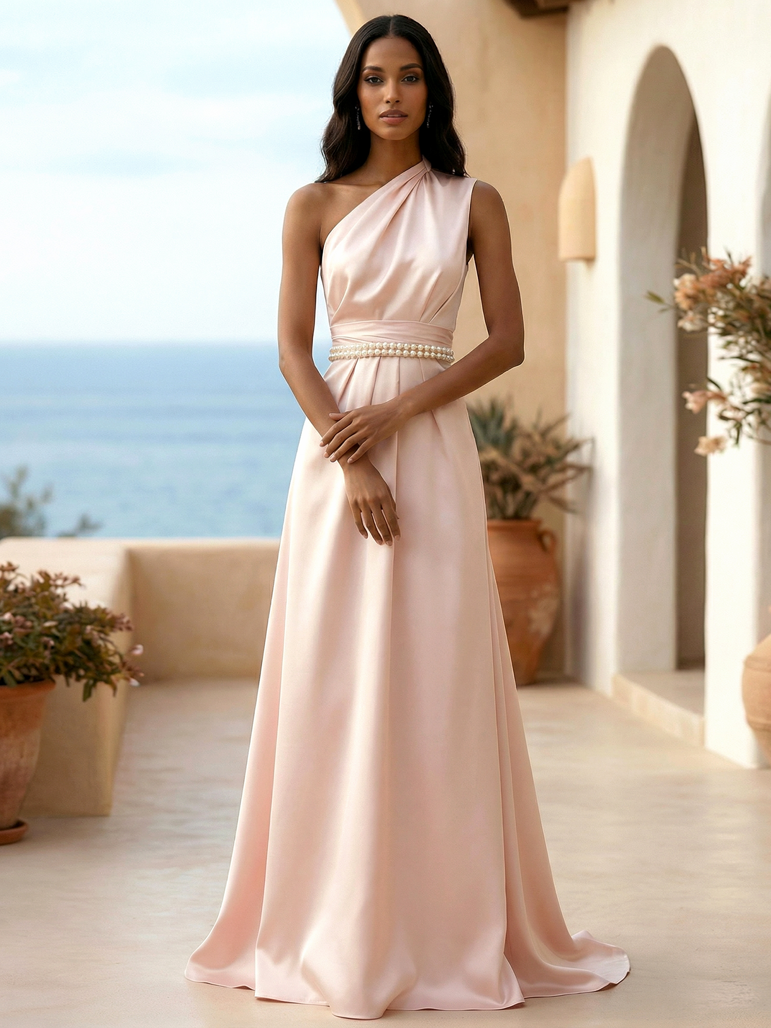 Pink Pearl Satin One Shoulder Sleeveless A-Line Gown Dress
