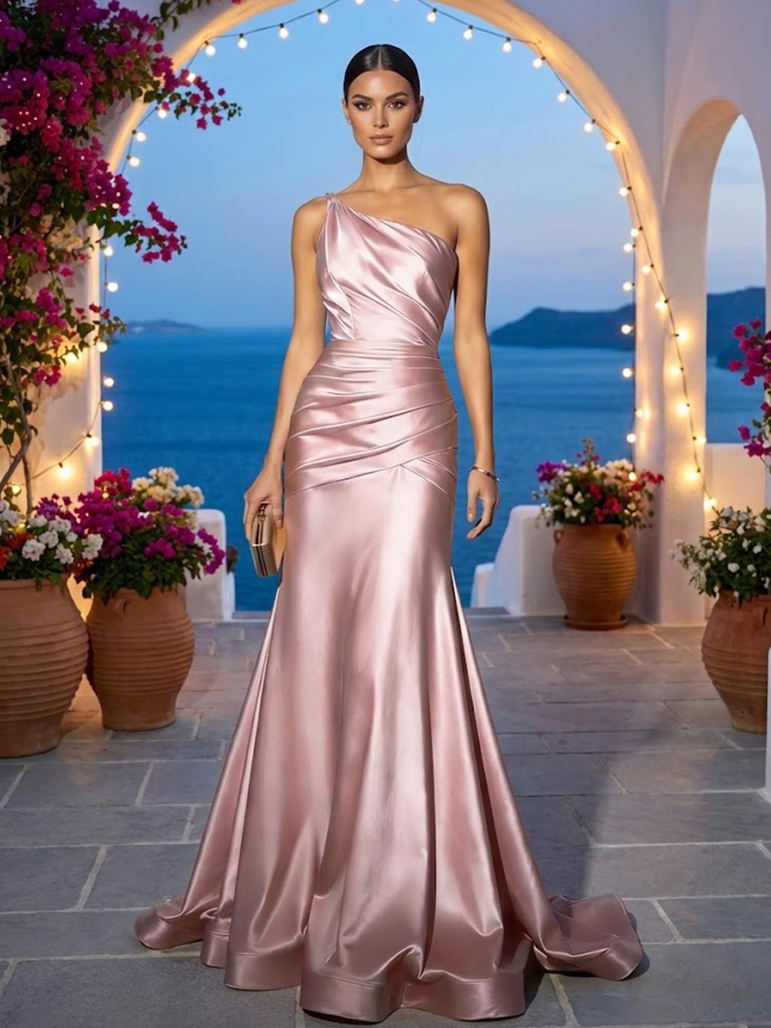 Pink Ruched Satin One Shoulder Sleeveless A-Line Gown Dress
