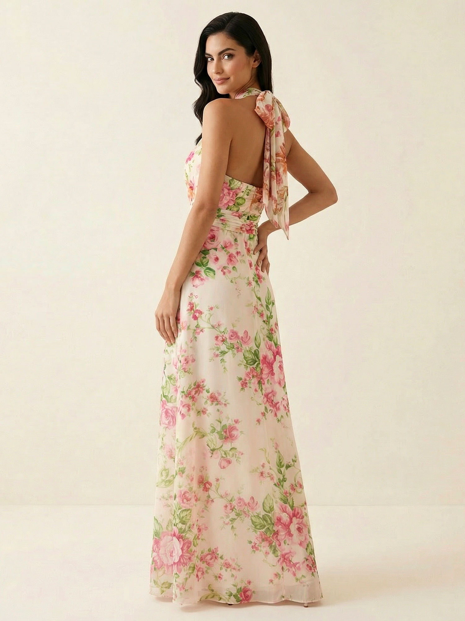 Cream Pink Floral Halter Neck Chiffon Maxi Gown