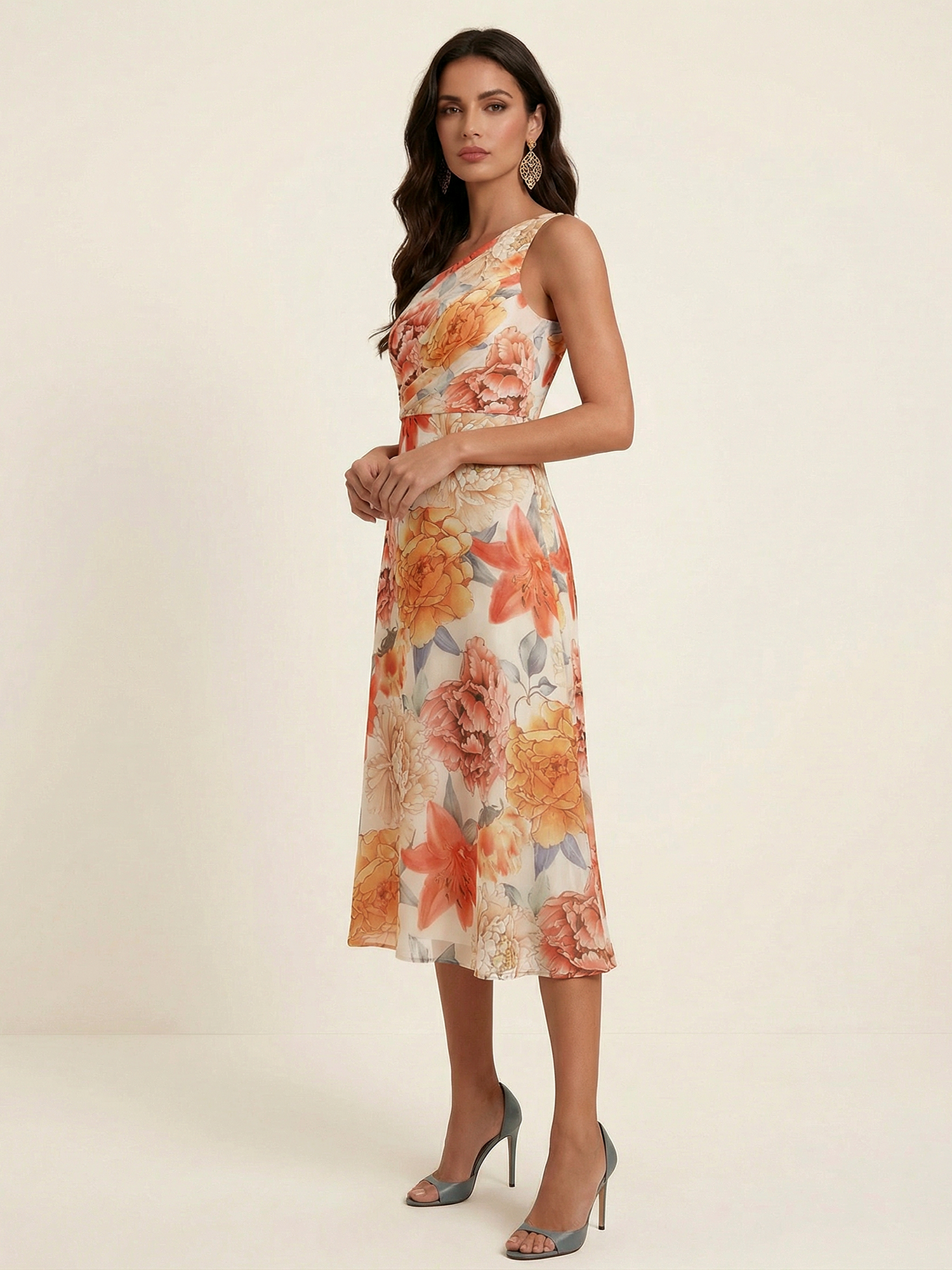 Cream Coral Floral One-Shoulder Chiffon Midi Dress