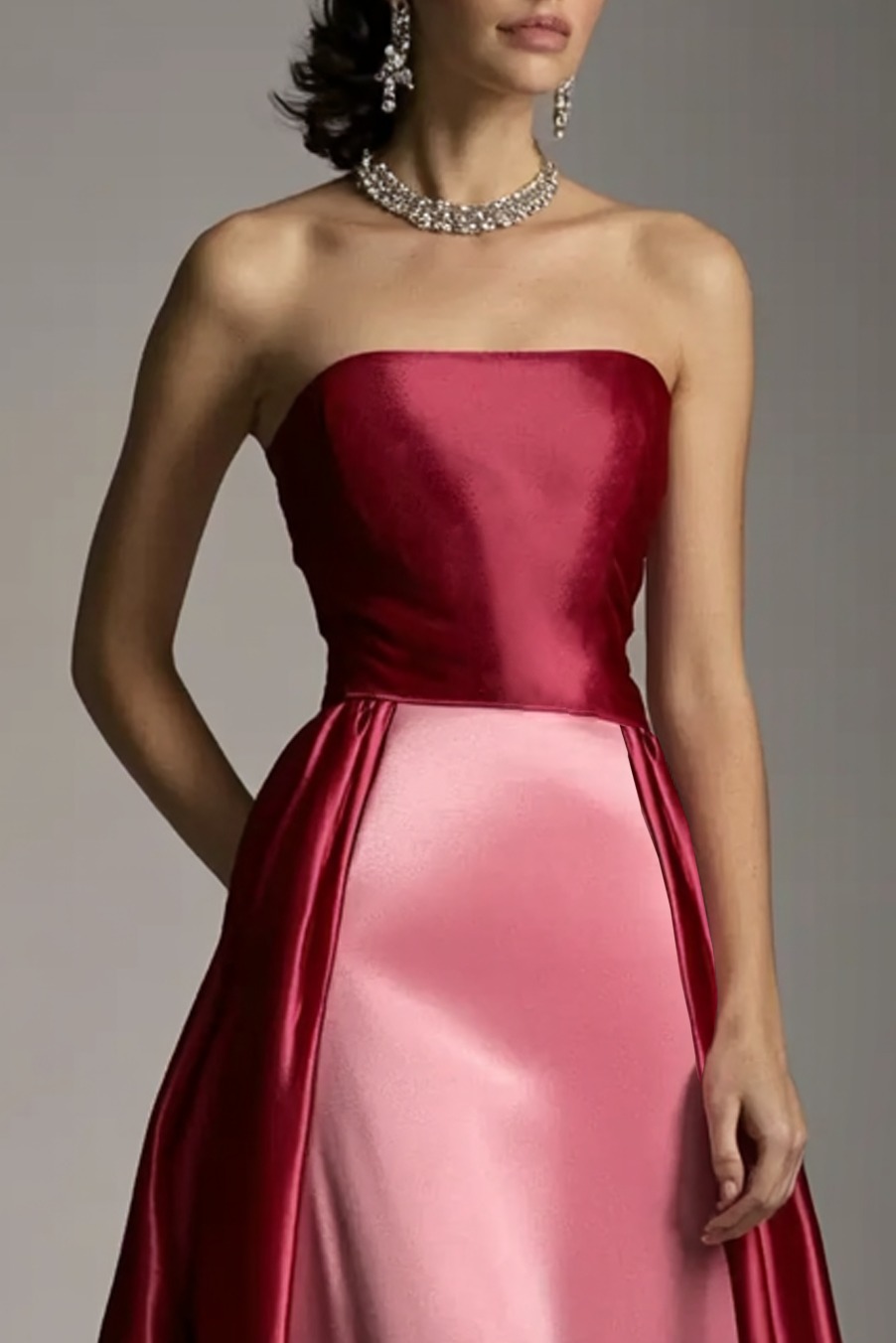 Formal Evening Dress Rose Pink Colorblock Strapless A-Line Floor Dress