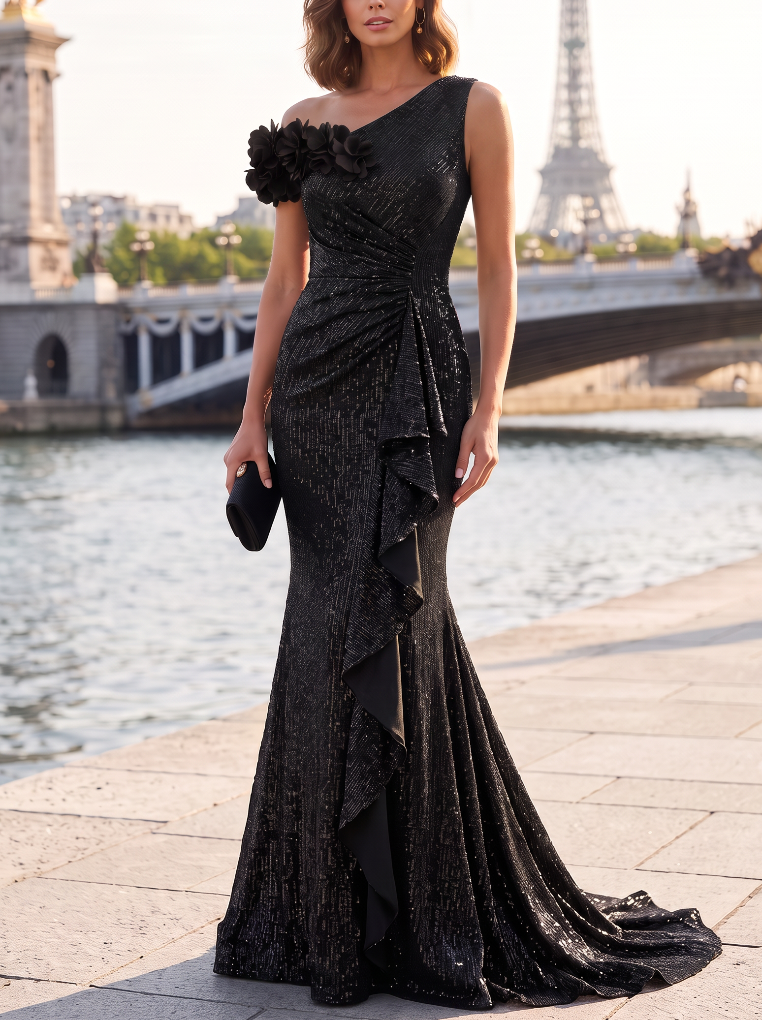 One Shoulder 3D Floral Black Sequin Mermaid Formal Dress With Sweep Train