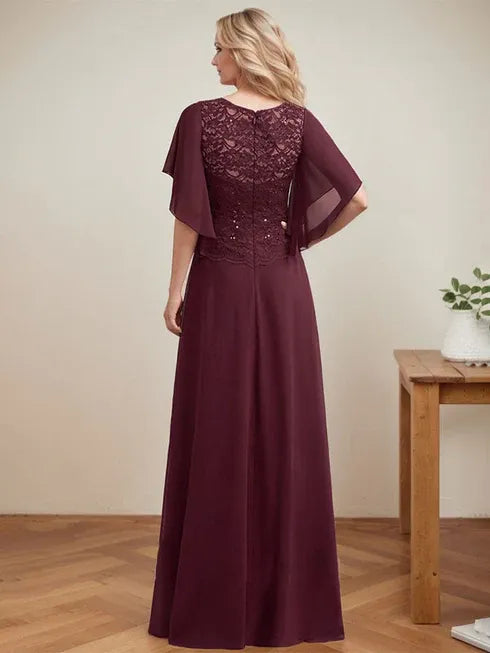 A-line Scoop Illusion Floor-Length Lace Chiffon Mother of the Bride Dress With Sequins