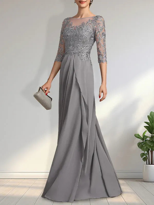 A-line Scoop Illusion Floor-Length Chiffon Lace Mother of the Bride Dress With Beading Sequins Cascading Ruffles