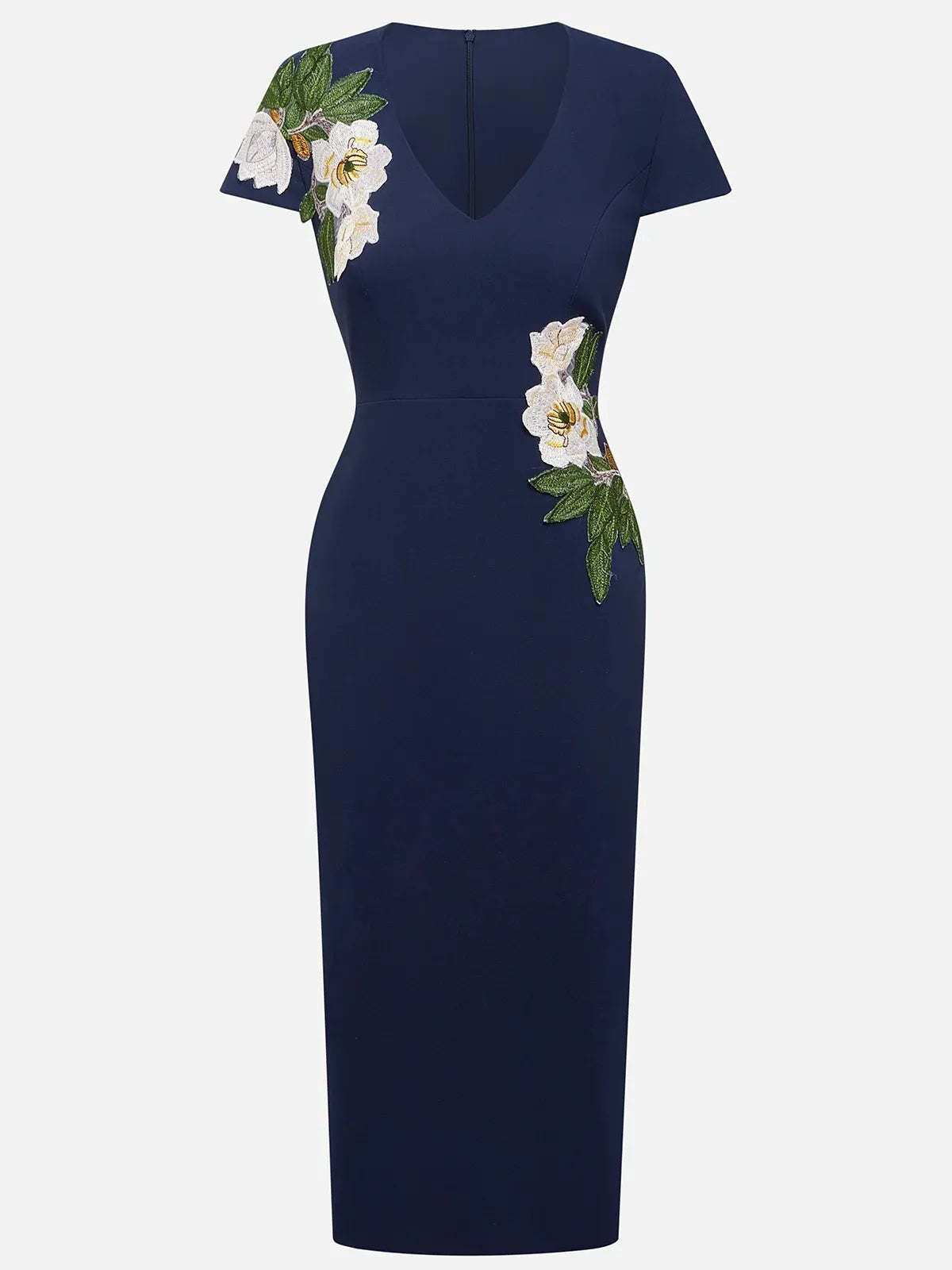 Purplish Blue Embroidery Applique Sheath Midi Dress
