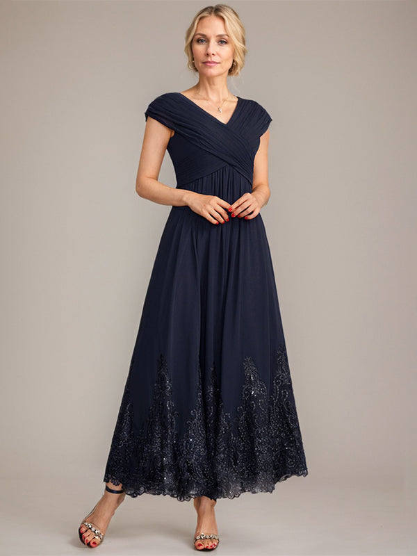 A-line V-Neck Ankle-Length Chiffon Mother of the Bride Dress With Applique Sequins