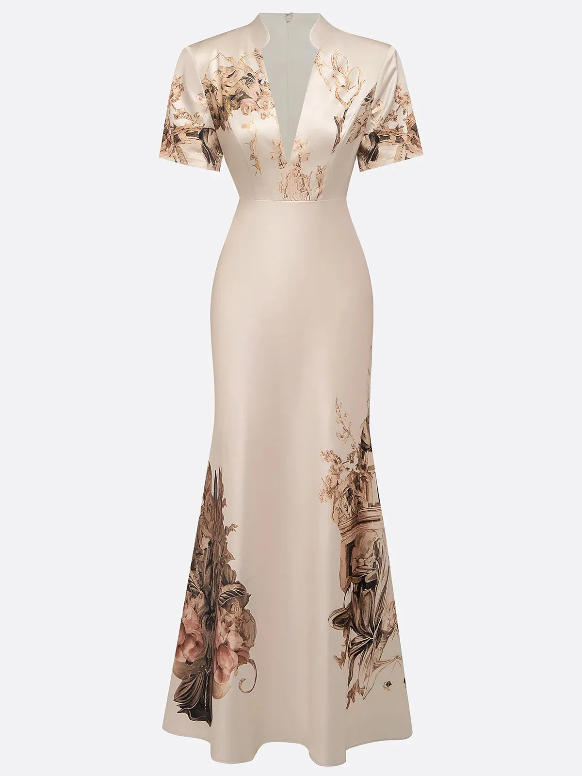 Beige Satin Floral Deep V Neck Short Sleeve Mermaid Gown Dress
