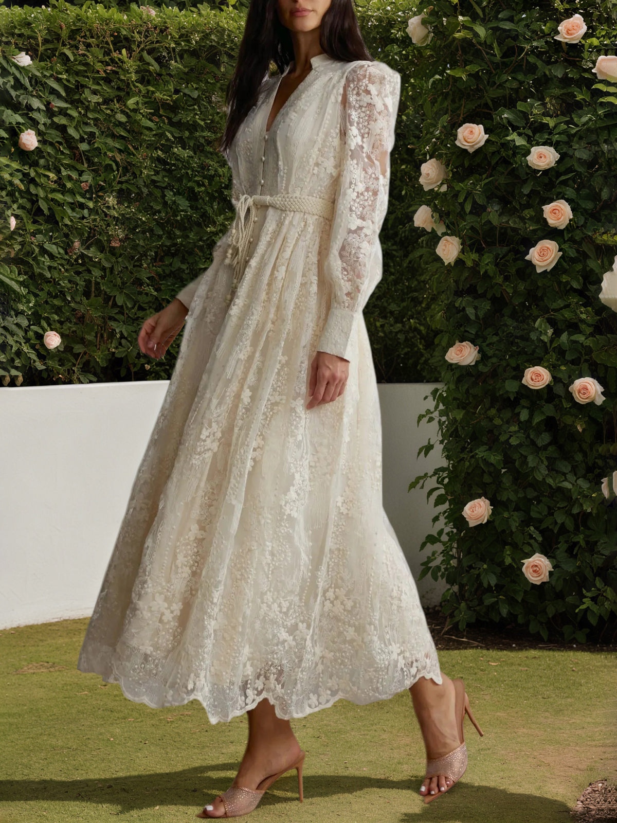 Apricot V-Neck Lace Embroidered Midi Dress