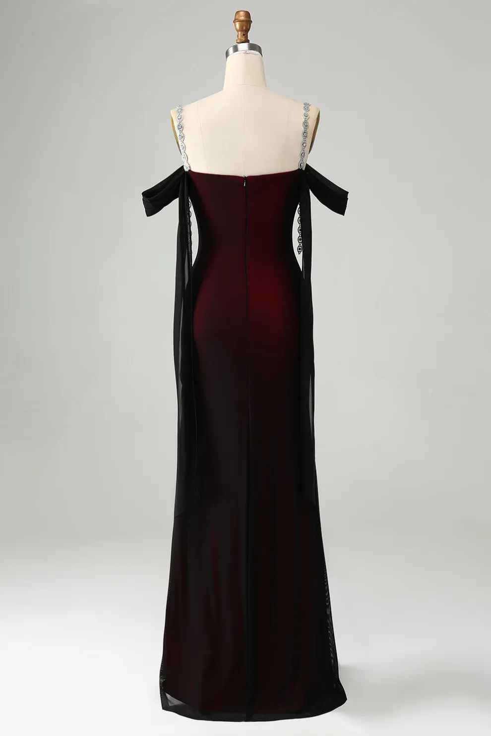 Black Red Mermaid Off the Shoulder Beaded Bridesmaid Dress with Slit