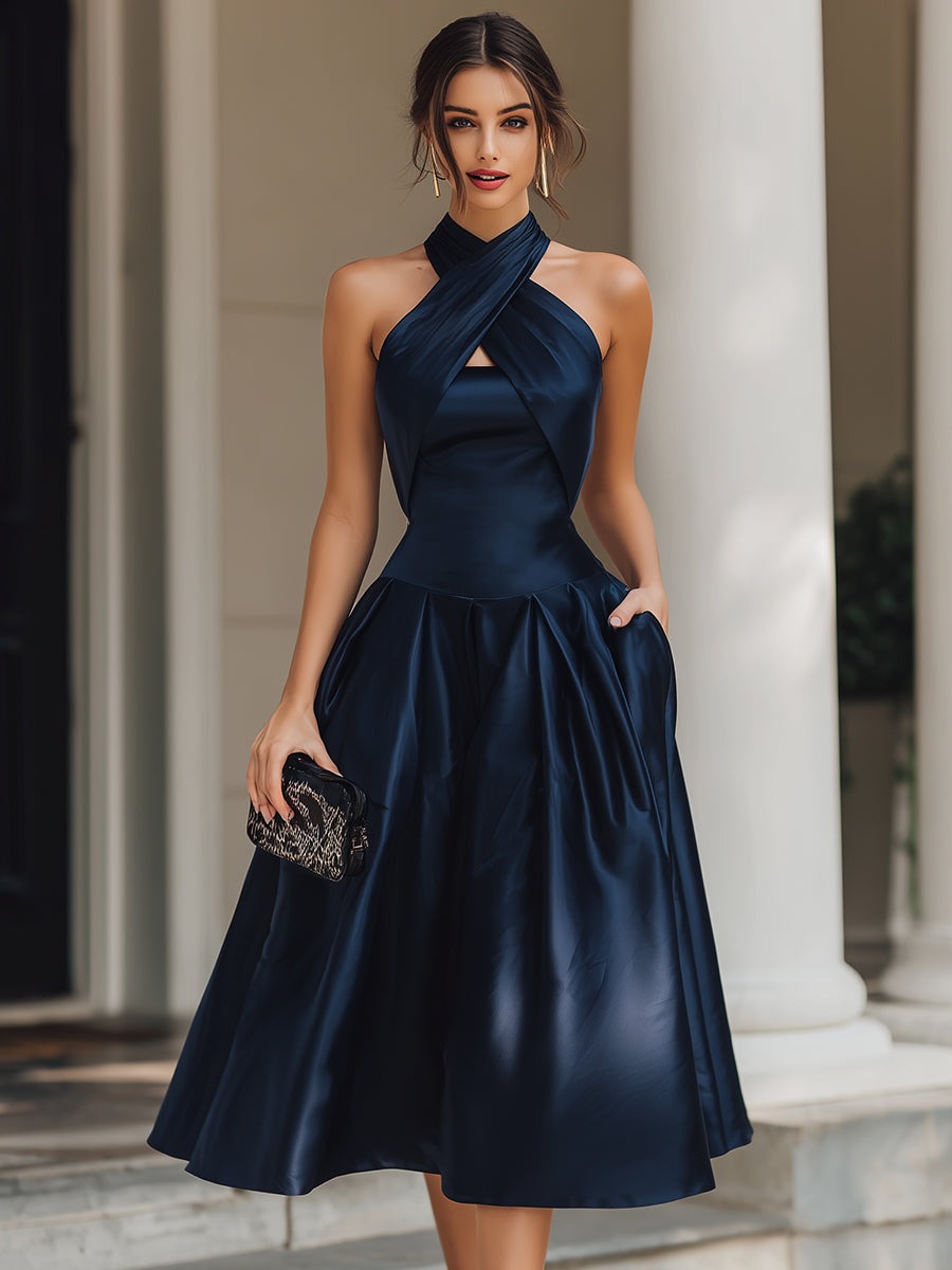 Cross-Halter Pleated Midi Dress