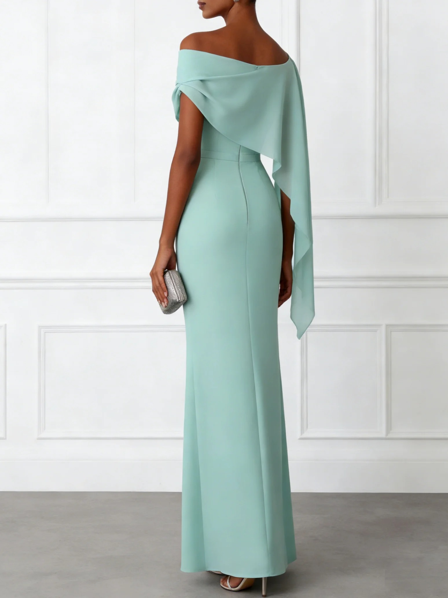 Light Green Asymmetric Classic Off The Shoulder Short Sleeve Sheath Maxi Dress
