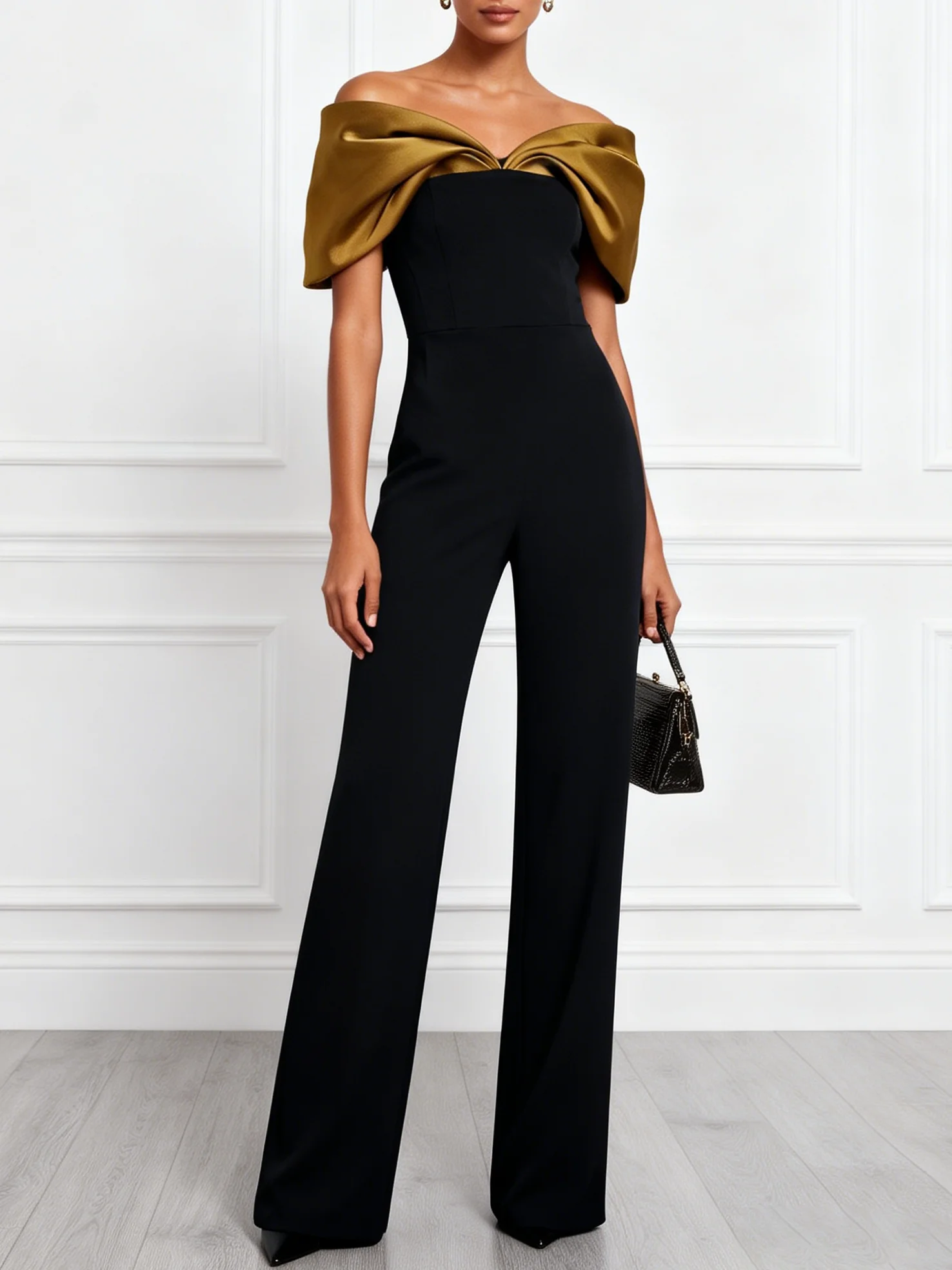 Women Black Split Joint Off The Shoulder Short Sleeve Elegant Jumpsuit