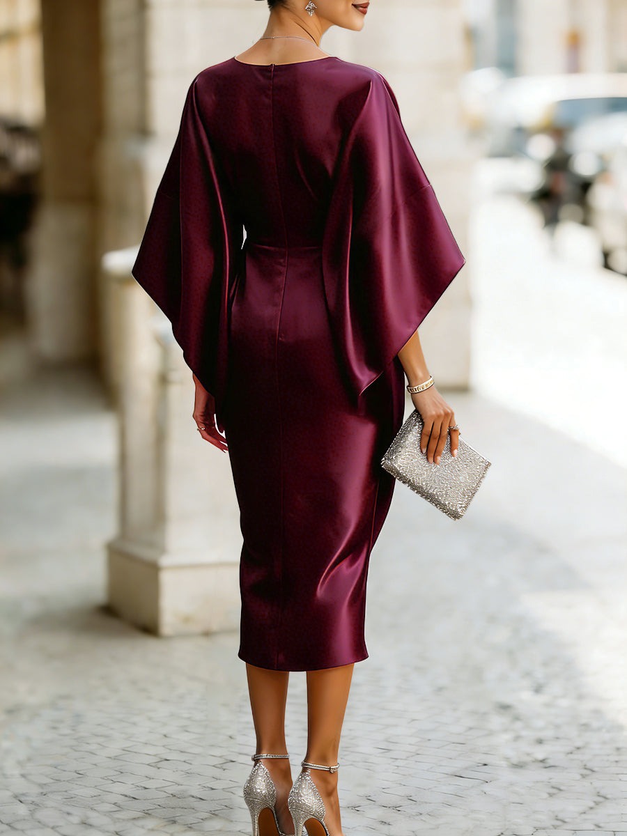 Satin Draped Midi Dress With Rhinestone Brooch Detail