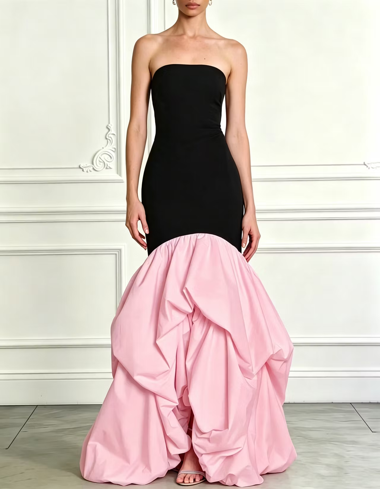 Strapless Two-Tone Stretch Blend Ruffle Mermaid Maxi Formal Dress