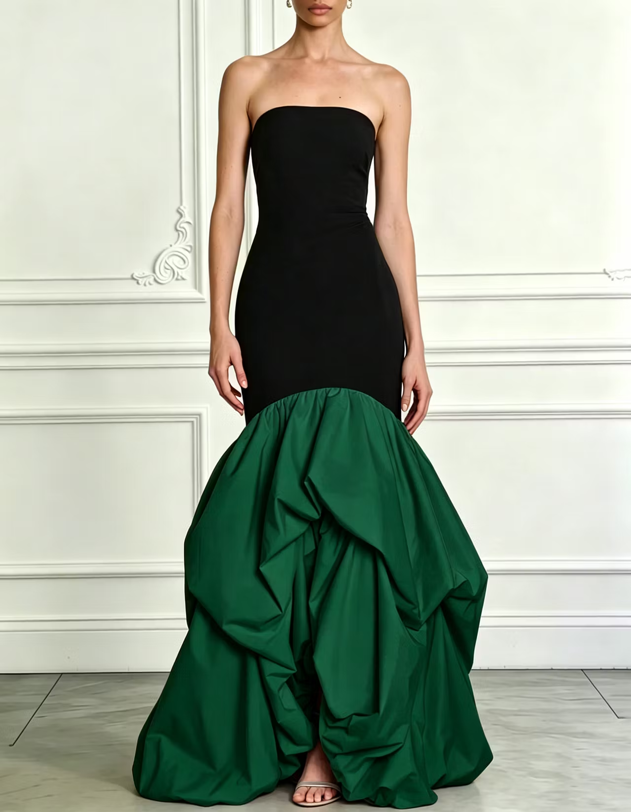 Strapless Two-Tone Stretch Blend Ruffle Mermaid Maxi Formal Dress
